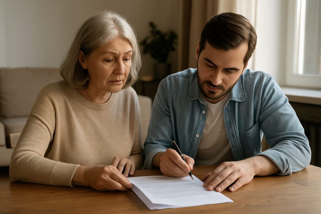Adult son helping mother review and sign legal documents for selling the family home in Ontario