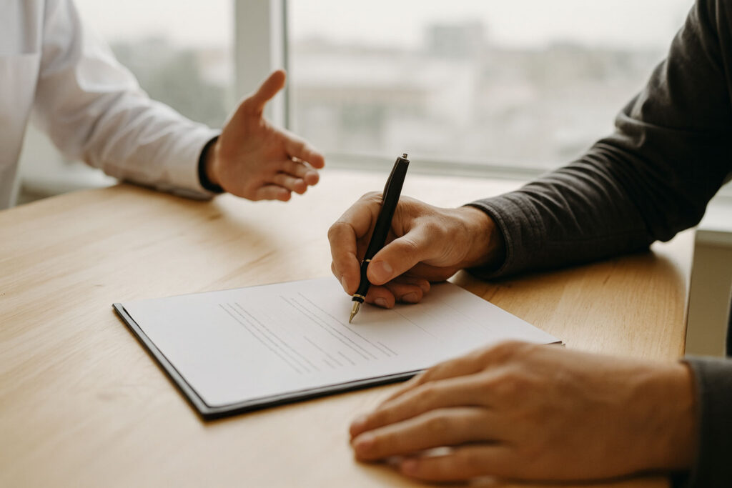 Young adult signing legal documents including a will and power of attorney in Ontario