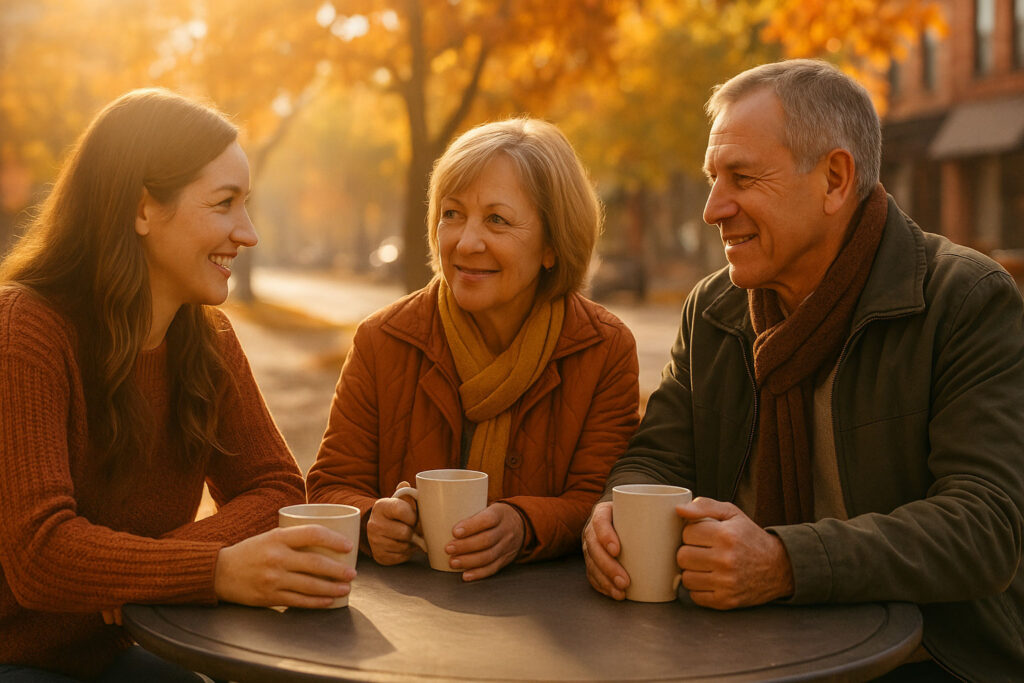 Family enjoying a warm autumn conversation with sun rays filtering through fall trees in Belleville, Ontario