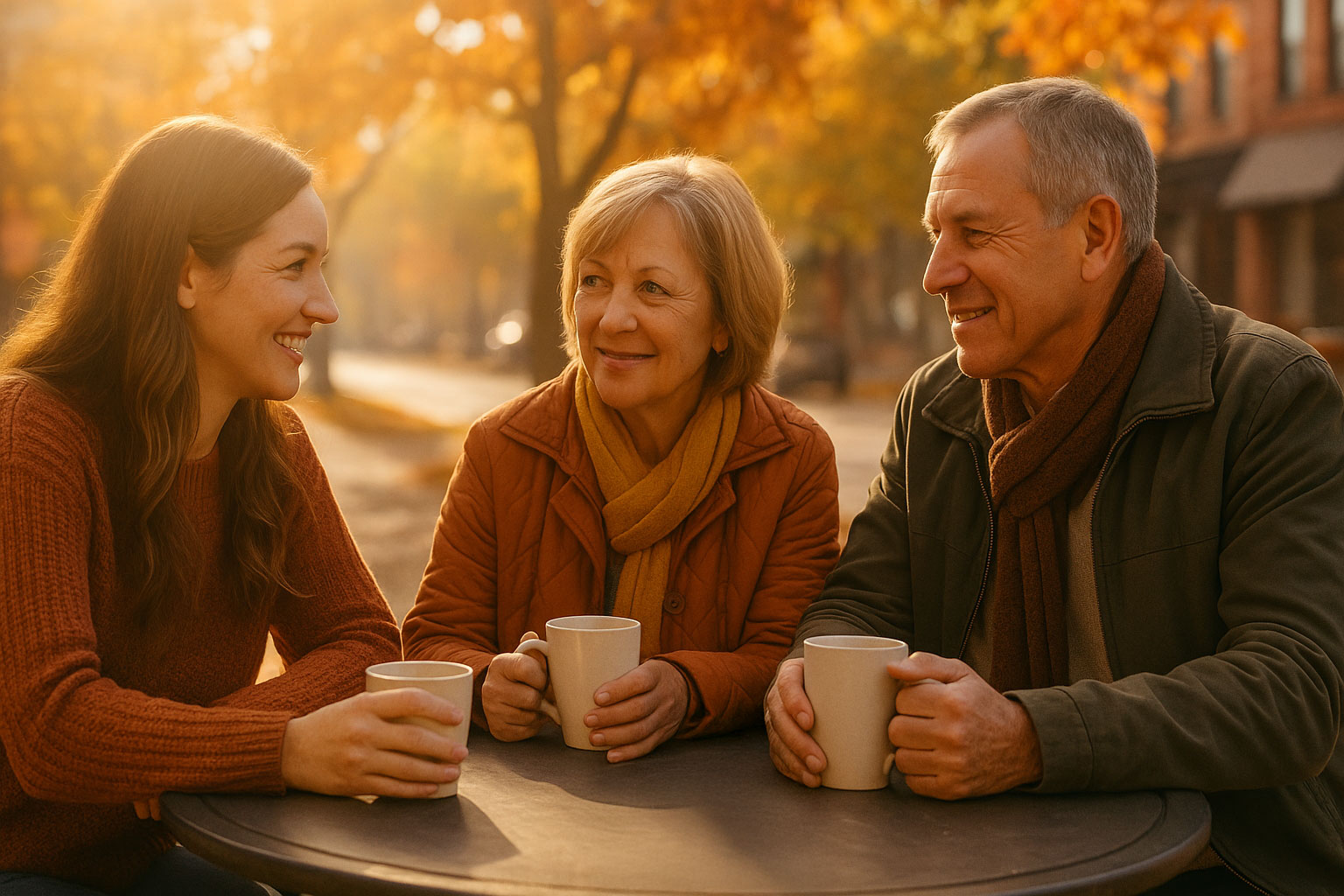 Family enjoying a warm autumn conversation with sun rays filtering through fall trees in Belleville, Ontario