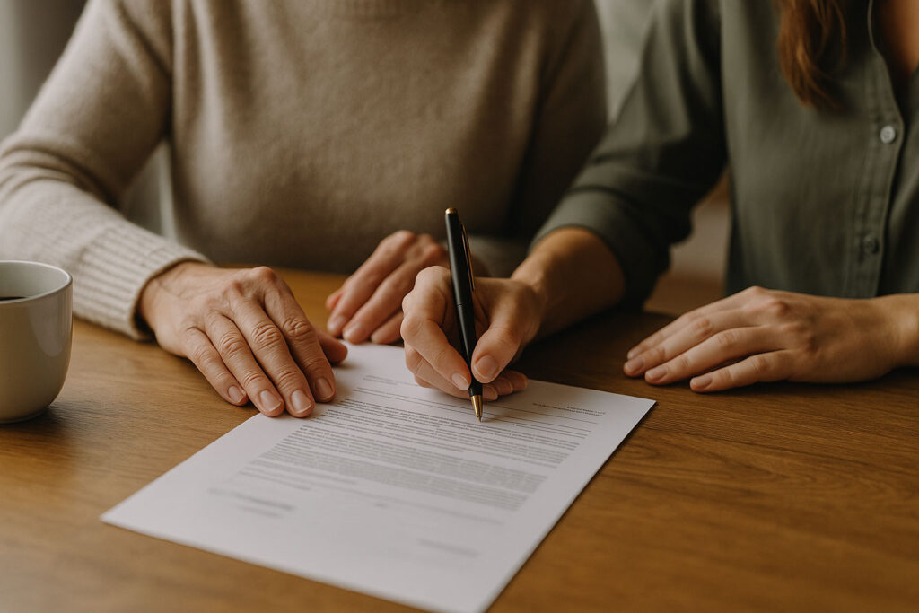 Hands of elderly mother and adult daughter reviewing and signing downsizing and long-term care planning documents in Ontario
