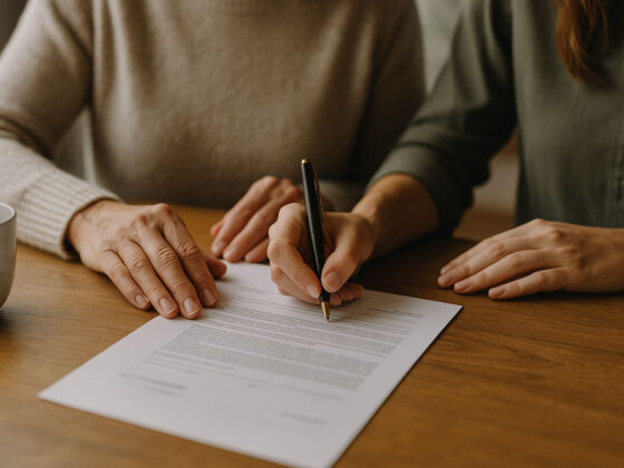 Hands of elderly mother and adult daughter reviewing and signing downsizing and long-term care planning documents in Ontario