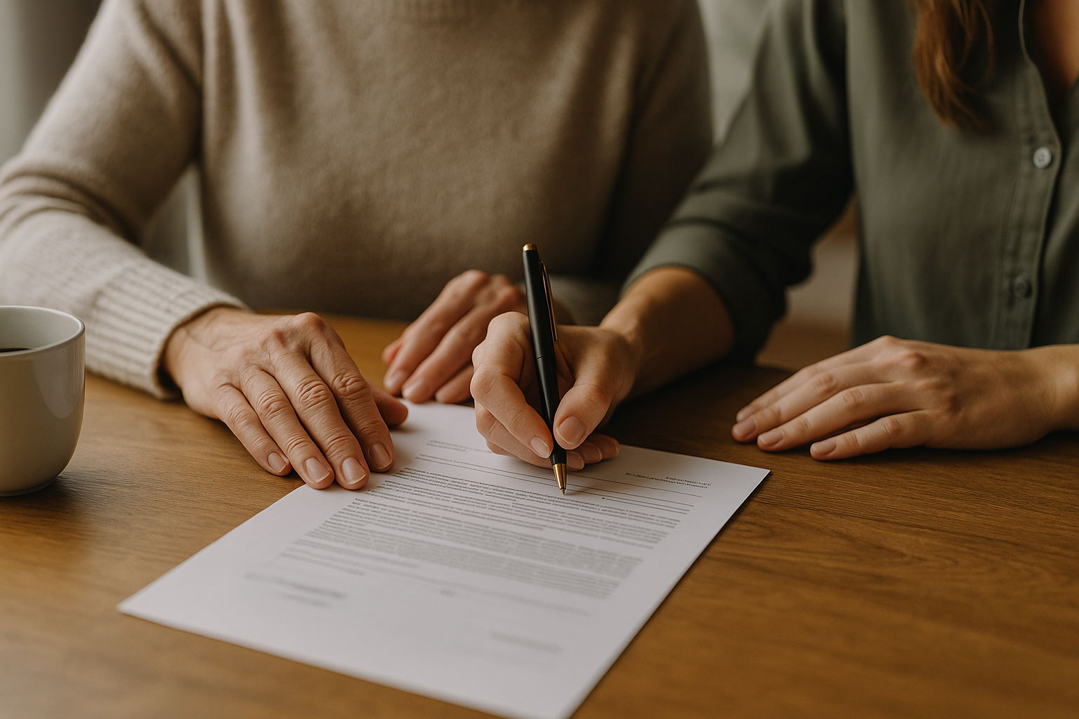 Reviewing-and-Signing-Documents-for-Downsizing-and-Long-Term-Care-Planning-in-Ontario Hands of elderly mother and adult daughter reviewing and signing downsizing and long-term care planning documents in Ontario