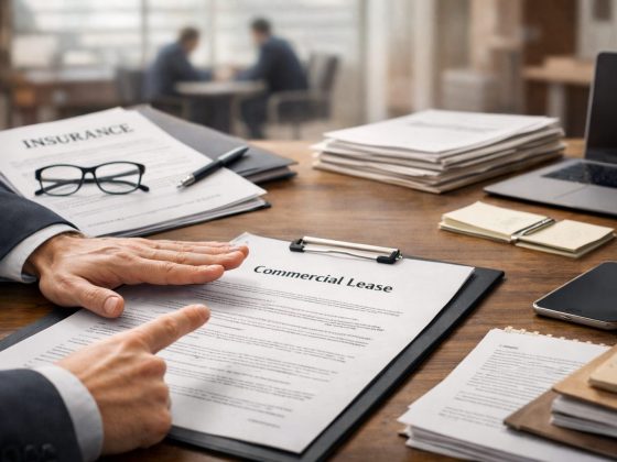 Business professionals reviewing a commercial lease agreement during a contract dispute in Ontario