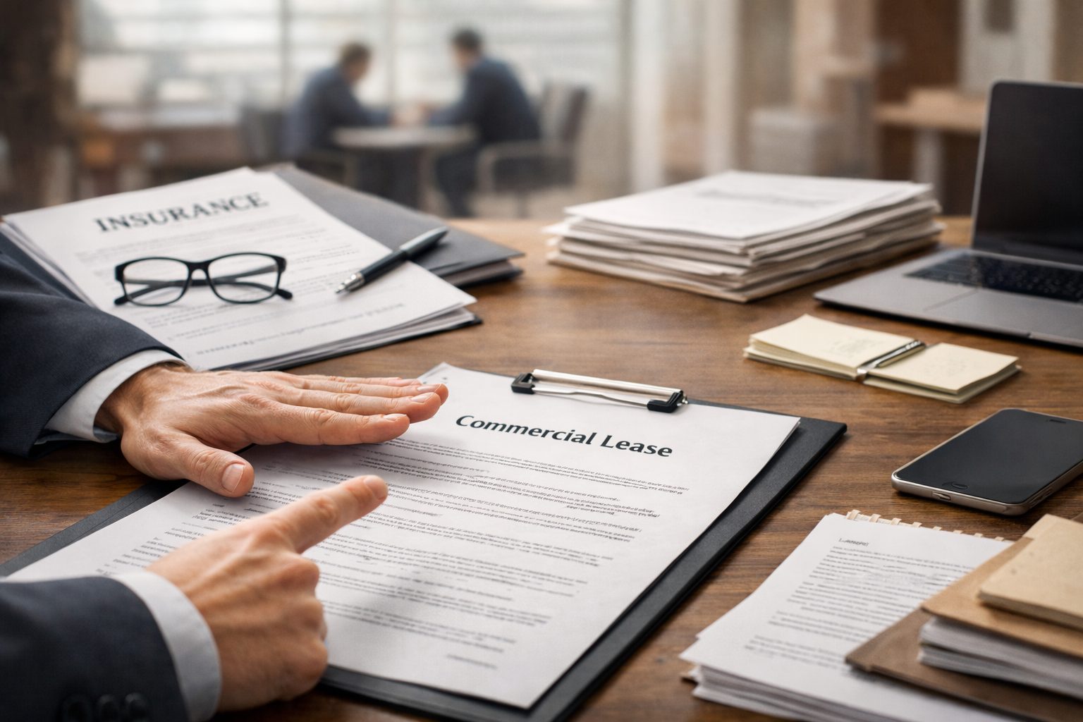 Commercial contract dispute over lease terms in Ontario business setting Business professionals reviewing a commercial lease agreement during a contract dispute in Ontario