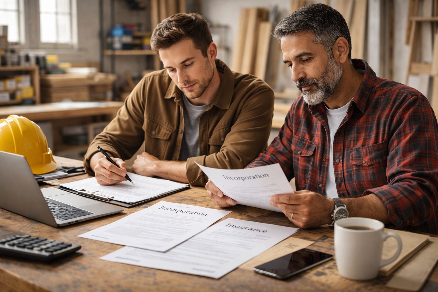 Two contractors reviewing incorporation and insurance paperwork to ensure legal compliance for an Ontario construction business