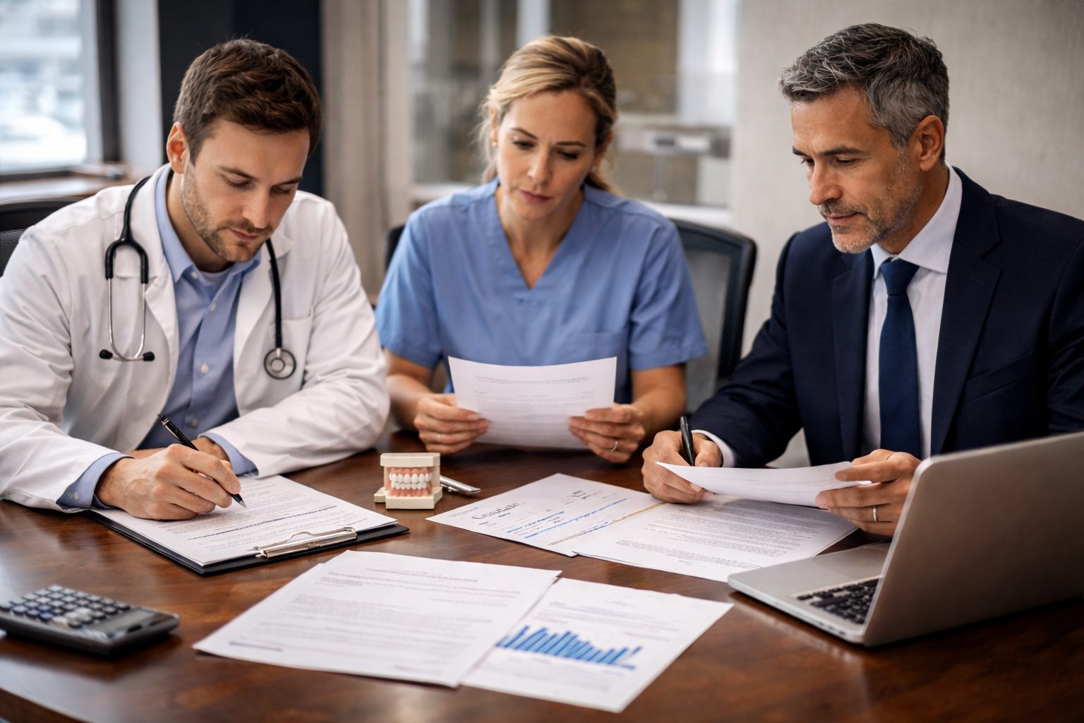 Medical and financial professionals reviewing incorporation and tax planning documents for an Ontario professional corporation