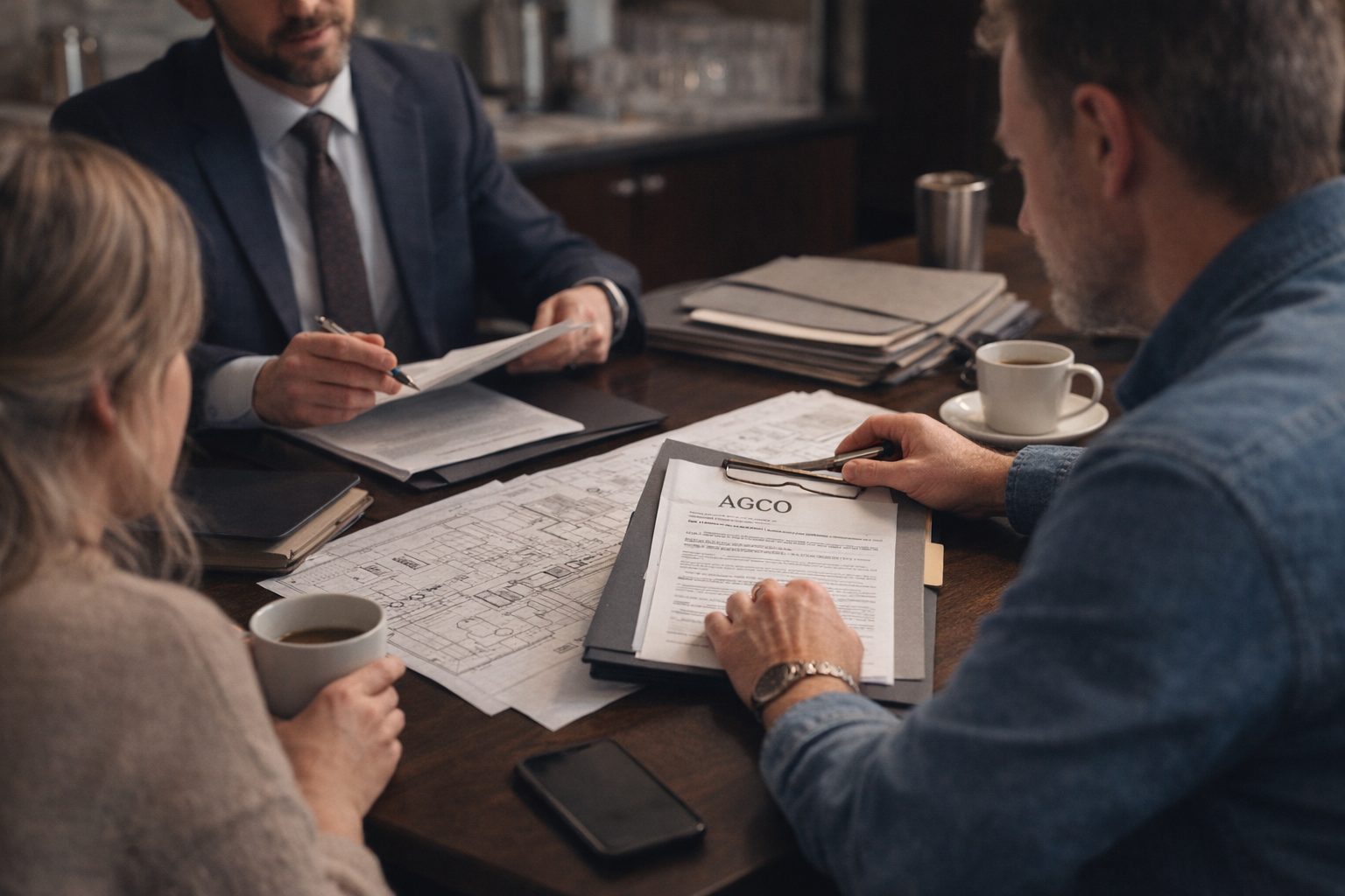 Lawyer reviewing zoning plans and AGCO liquor licensing documents with prospective restaurant owners in Ontario