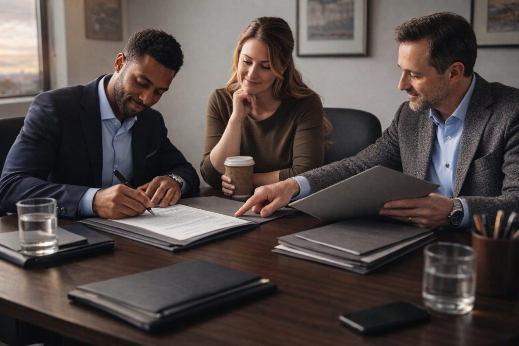 Small business partners in Ontario reviewing and signing a shareholder agreement at a professional meeting
