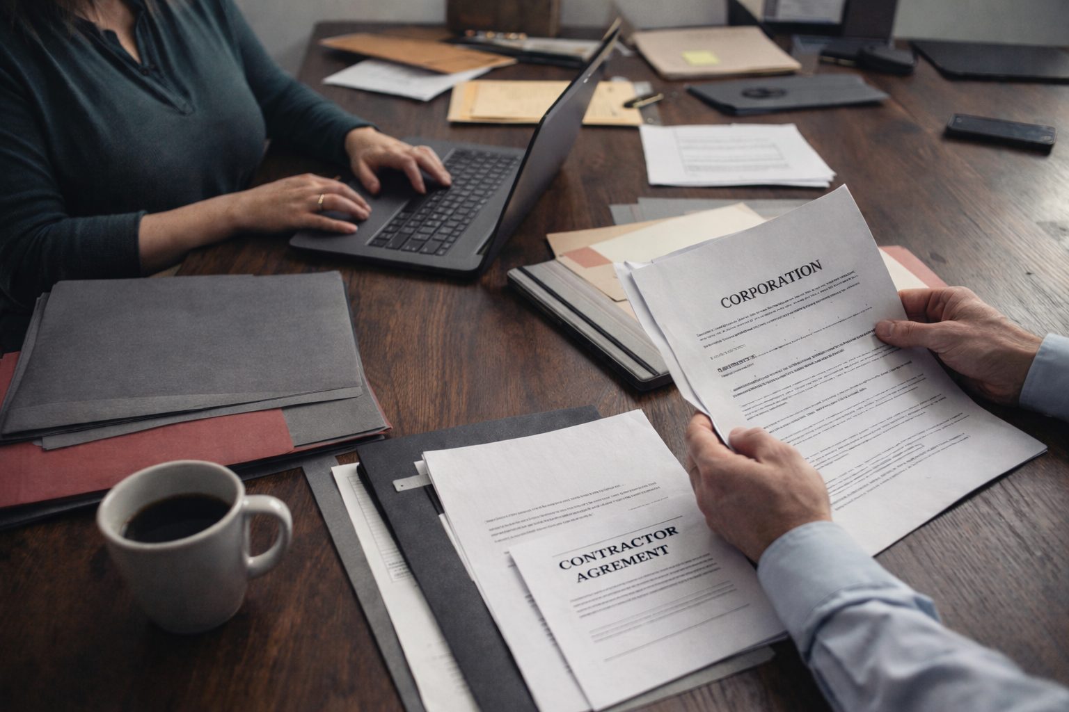 Entrepreneurs reviewing business paperwork and financial records while setting up a new company in Ontario